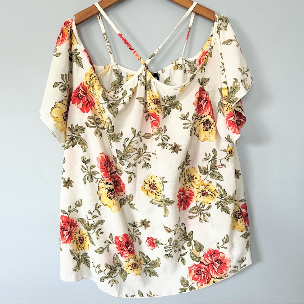 Zenobia Floral Cold Shoulder Blouse Women’s Size Large Ivory Yellow Red